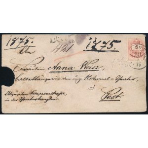 1875 Réznyomat 10kr (hátoldalon) és hiányos Színesszámú 5kr vegyes bérmentesítés ajánlott levélen / Mi 11 + 17 (demaged...
