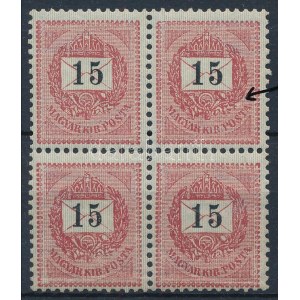 1889 15kr négyestömb összefüggő típusokkal, lemezhibával / block of 4 with plate flaw