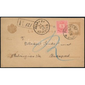 1887 2kr díjjegyes Budapest helyi ajánlott levelezőlap 5kr kiegészítéssel / Local registered PS...