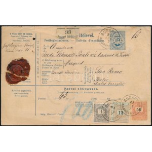 1891 Teljes postai szállítólevél 1kr, 12kr és 50kr bérmentesítéssel Budapestről Olaszországba (középen hajtott...