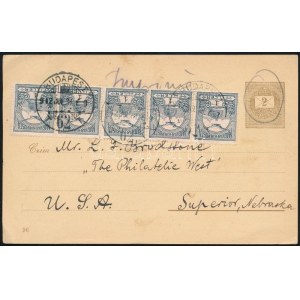 1912 Millenniumi 2kr díjjegyes levelezőlap késői felhasználása 5 db Turul 1f bérmentesítéssel...
