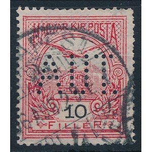 1906 Turul 10f bélyeg AUT lyukasztással, 1906. aug. 29-i BUDAPEST / 4 bélyegzéssel / Mi 79 with AUT perfin, RR...