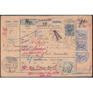 1905.nov.6. Szállító levél Turul 2K hármascsík (1904) + 60f bérmentesítéssel (6,60K tarifa) az Egyesült Államokba...