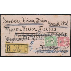 1911 Ajánlott levél Bécsből Berlinbe, továbbküldve Rudnára, itt újrabérmentesítve és feladva Gardone-Rivierára...