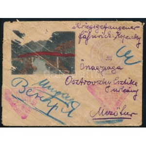 1917 Nyírfakéregre írt, festett levelezőlap borítékkal Irkutszkból Mezőtúrra, orosz és vöröskeresztes cenzúrákkal ...