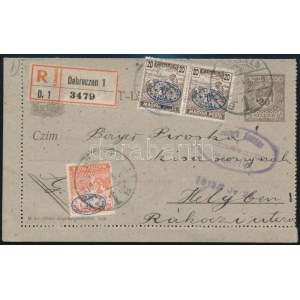 1919 Debrecen ajánlott helyi zárt levelezőlap 3 bélyeges kiegészítéssel / Local registered PS-cover card. Signed...