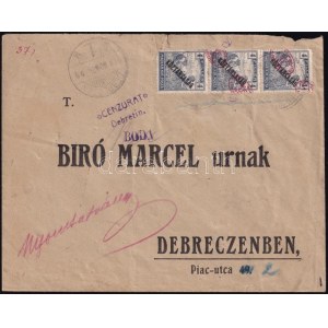 1919 Debrecen helyi levél Arató/Köztársaság 4f hármascsík bérmentesítéssel, látványosan elcsúszott felülnyomással ...