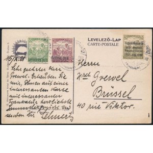 1921 Nyugat-Magyarország I. és III. bélyegekkel vegyes bérmentesítésű irredenta képeslap Brüsszelbe ...
