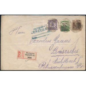 1919 Ajánlott cenzúrázott levél Medgyesről 3 db kolozsvári bélyeggel Szászsebesre küldve (hajtott, hiányzó hajtóka) ...