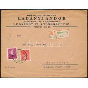 1935 Ajánlott levél Arcképek 20f + 70f bérmentesítéssel Peruba küldve, ritka desztináció ...