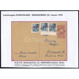 1945 12f díjjegyes levelezőlap 3 x 6f rimaszombati díjkiegészítéssel Budapestre / PS-card with additional franking ...