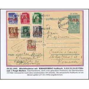 Rimaszombat 1945 18f felülnyomott díjjegyes levelezőlap 7 bélyeggel kiegészítve Romániába / PS...