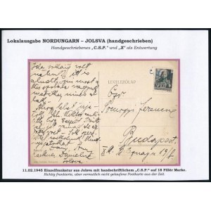 1945 Levelezőlap 18f bérmentesítéssel Jolsváról Budapestre, CSP kézírásos jelöléssel ...