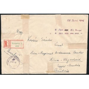 1946 (21. díjszabás) Ajánlott levél Veszprémből Ausztriába 637 db bélyeggel...