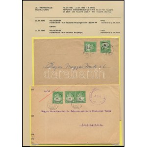 1946 (26. díjszabás) 2 db Távolsági levél Adópengő bélyegekkel bérmentesítve, az egyik 20 g távolsági levél 20ezer ...