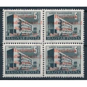 1956 Sopron 5Ft négyestömb eltolódott felülnyomással (144.000+) / 5Ft block of 4 with shifted overprint. Certificate...