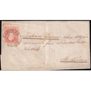 1860 5kr felül ollóval vágva levélen / cut with scissors above on cover KARCZAG