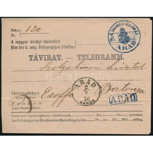 1870 Távirat / Telegramm, kék / blue M.K. TÁVIRDAI ÁLLOMÁS / ARAD + ARAD / VÁROS