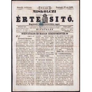 1866 Miskolci értesítő 1kr Hírlapilletékbélyeggel / Newspaper with 1kr Newspaper duty stamp