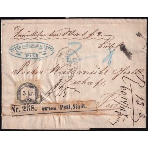 1871 5kr okmánybélyeggel futott kocsiposta levél Wien, Pest Stadt ragjeggyel