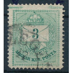 1874 3kr durva-finom gyöngyjavítással + vastag szegélyléclenyomat (ex Lovász) / retouche