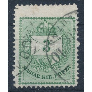 1874 3kr durva gyöngyjavítással, magasra fogazva (ex Lovász) / retouche