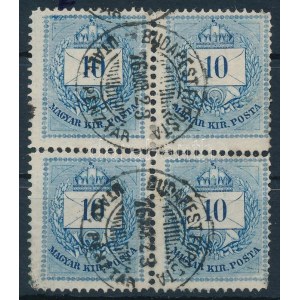 1874 10kr négyestömb vésésjavítással / block of 4 with retouche BUDAPEST FŐPOSTA / UTALV. PÉNZTÁR...