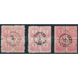 1874-1881 3 x 5kr négyestömb szép bélyegzésekkel