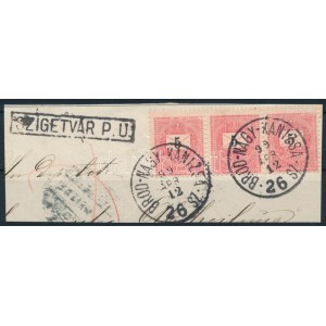 1898 5kr hármascsík kivágáson / stripe of 3 on cutting BROOD-NAGY-KANIZSA vasúti bélyegzéssel / railway postmark + ...