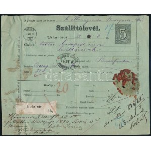 1874 5kr zöld szállítólevél (sérült) / 5kr green parcel card BUDAPEST (damaged)