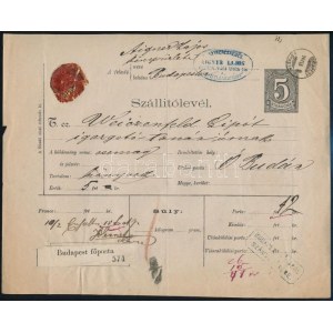 1876 5kr fekete szállítólevél / 5kr black parcel card BUDAPEST