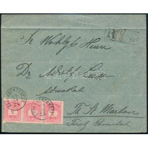 1889 Színes számú 5kr hármascsík ajánlott levélen / stripe of 3 on registered cover GARAMBERZENCZE - TUROCZ SZT...