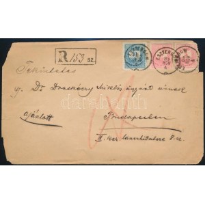 1889 Színesszámú 2 x 5kr és 10kr ajánlott levélen Esztergomból Budapestre / Registered cover with 2 x 5kr ...