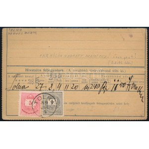 1889 Táviratlap fele Színesszámú 5kr és Sztereo 1kr bélyeggel / Telegram piece with 5kr + Stereo 1kr stamps TOLNA...