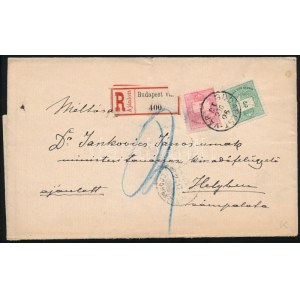 1890 Budapest helyi ajánlott levél Színesszámú 3kr és 5kr bérmentesítéssel ...