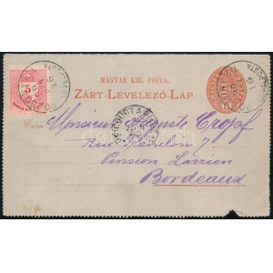 1890 5kr díjjegyes zárt levelezőlap Színesszámú 5kr díjkiegészítéssel / 5kr PS-cover card with 5kr additional franking ...