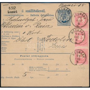 1891 Szállítólevél 3 db Színesszámú 5kr bélyeggel / Parcel card with 3 x 5kr franking KÉSMÁRK ...