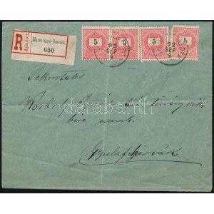 1892 Ajánlott túlsúlyos levél 4 x 5kr bérmentesítéssel (1 bélyeg sérült) / Registered overweight cover MAROS-SZ....