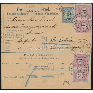1892 Szállítólevél 4 x 15kr bérmentesítéssel / Parcel card with 4 x 15kr franking HONT-SZÁNTÓ ...