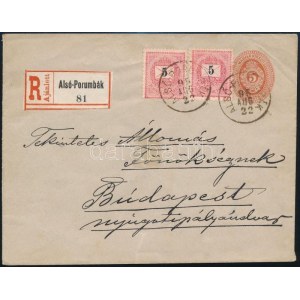 1895 5kr díjjegyes ajánlott boríték 2 x 5kr díjkiegészítéssel / Registered PS-cover with additional franking ALSÓ...