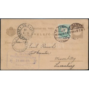 1893 2kr díjjegyes levelezőlap 3kr bélyeggel / PS-card with additional franking BUDAPEST - WASSERBILLIG (Luxemburg...