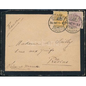 1894 Levél Színesszámú 2kr és Feketeszámú 8kr bérmentesítéssel Párizsba küldve (sérült hátlap) / Cover to Paris ...