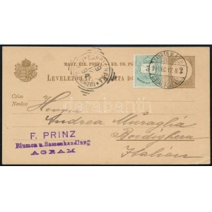 1894 2kr díjjegyes levelezőlap 3kr díjkiegészítéssel ZÁGRÁB M.Á.P.U. kétnyelvű luxus bélyegzéssel Olaszországba ...
