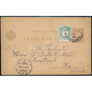 1896 2kr millenniumi díjjegyes levelezőlap 3kr díjkiegészítéssel Svájcba küldve / Millennium PS...