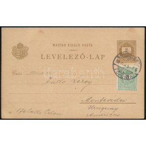 1899 2kr millenniumi díjjegyes levelezőlap 3kr díjkiegészítéssel Uruguayba küldve / Millenium of Hungary 2kr PS...