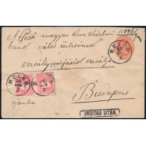 1899 5kr díjjegyes boríték 2 x 5kr díjkiegészítéssel ajánlott küldeményként feladva Belegről Budapestre ...