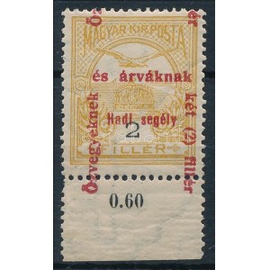 1915 Hadisegély II. 2f ívszéli bélyeg nagyon látványosan elcsúszott felülnyomással ...