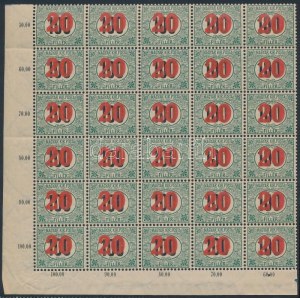 1915 Kisegítő portó 20/100f 30-as ívsarki több csillagvízjellel (24.000+) / Mi P 34 corner block of 30...