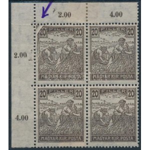 1916 Arató 20f ívsarki négyestömb, a bal felső értéken papírránc miatti festékhiány / Mi 196 block of 4...