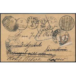 1900 Budapest 4f díjjegyes levelezőlap többszörös továbbküldéssel, portó bélyegzéssel és osztrák portóval / PS-card...
